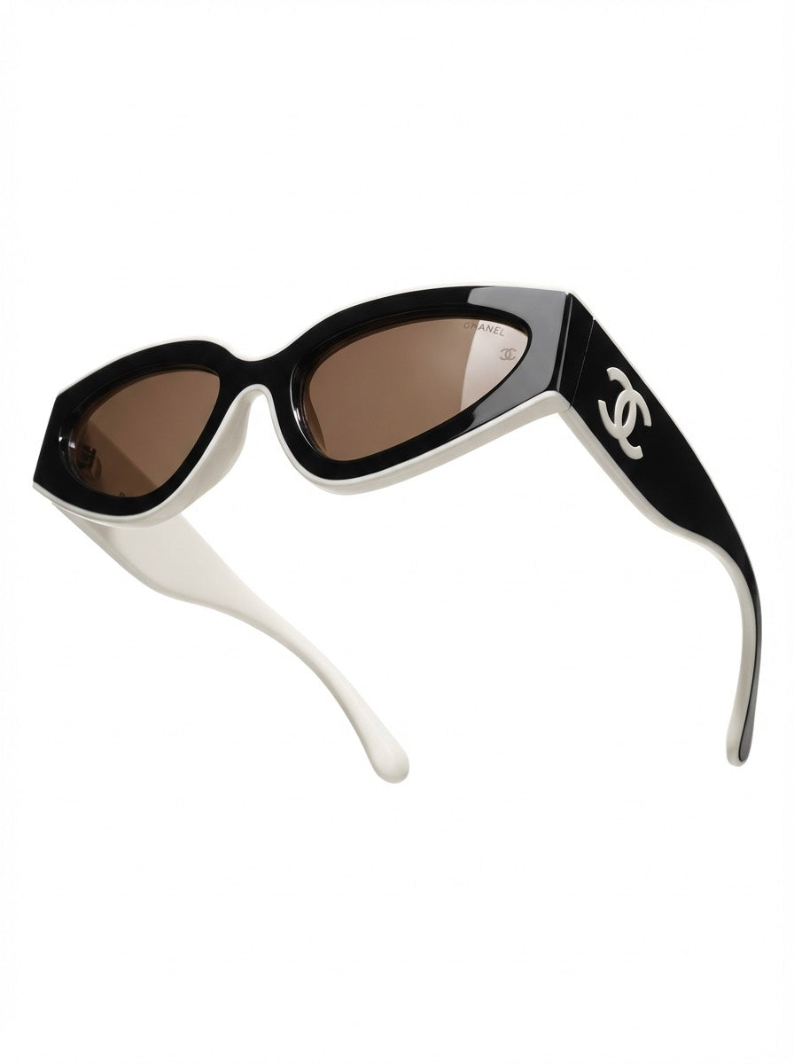 CHANEL Black & White Irregular Cat Eye Sunglasses New In Box (with Brown Lens)