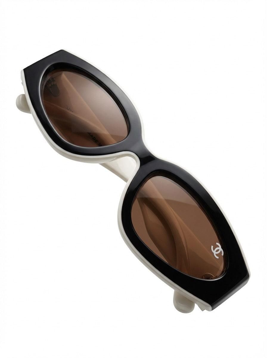 CHANEL Black & White Irregular Cat Eye Sunglasses New In Box (with Brown Lens)