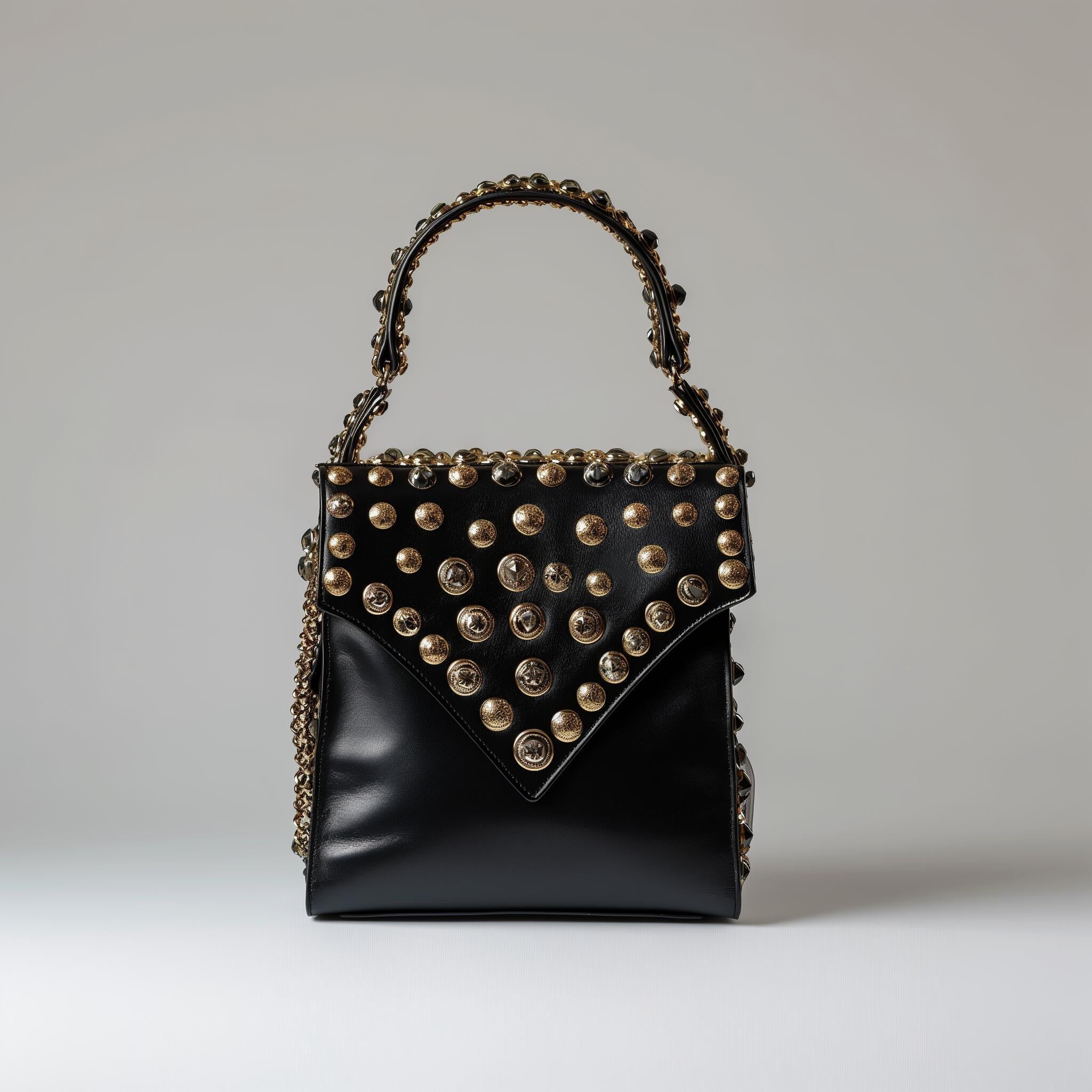 Elite Studded Noir Leather Handbag – Gold Medallion Crossbody