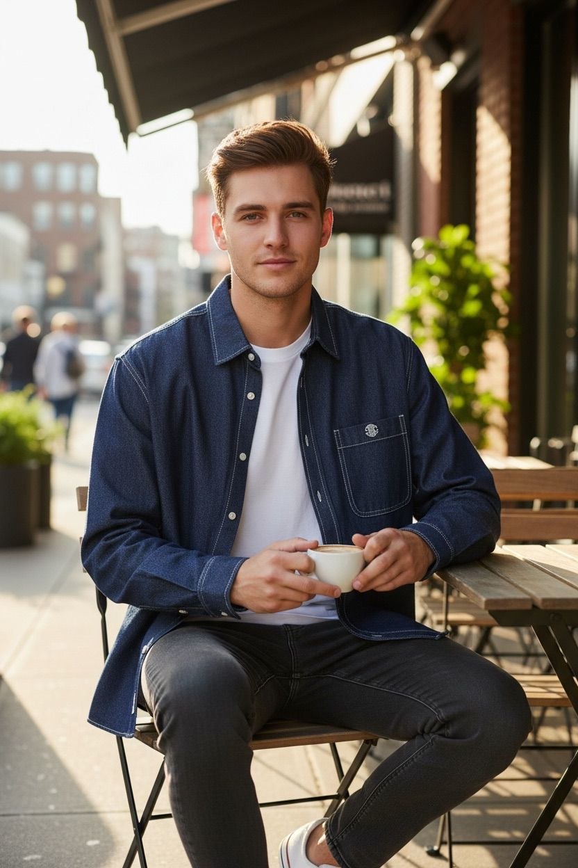 Full view of Celine dark indigo denim overshirt for men