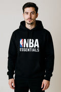 Front view of NBA Essentials black hoodie with league logo.