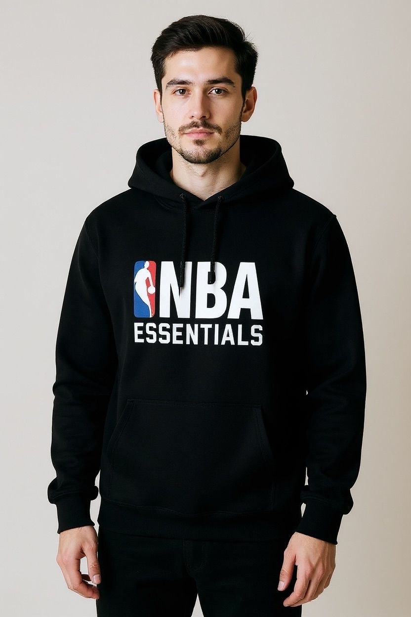Front view of NBA Essentials black hoodie with league logo.