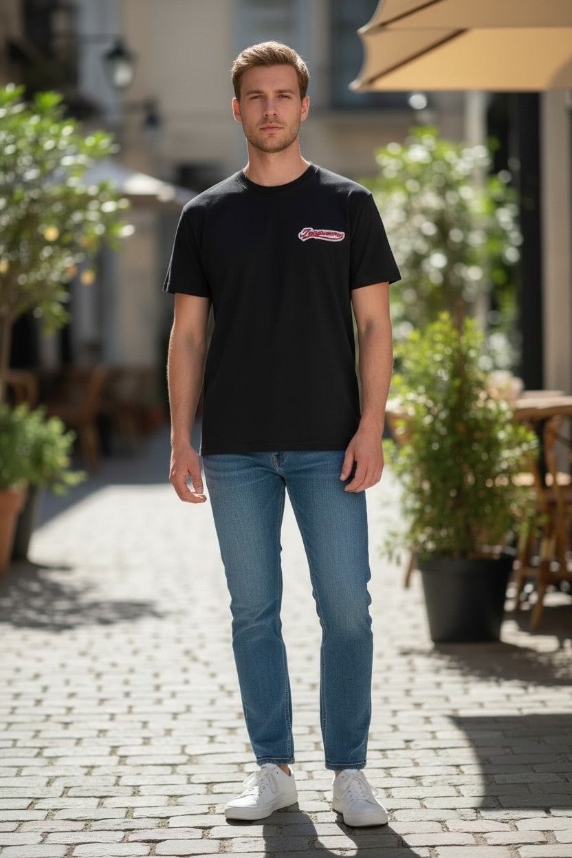 Model wearing black Jacquemus t-shirt with red script logo in a sunny street setting.