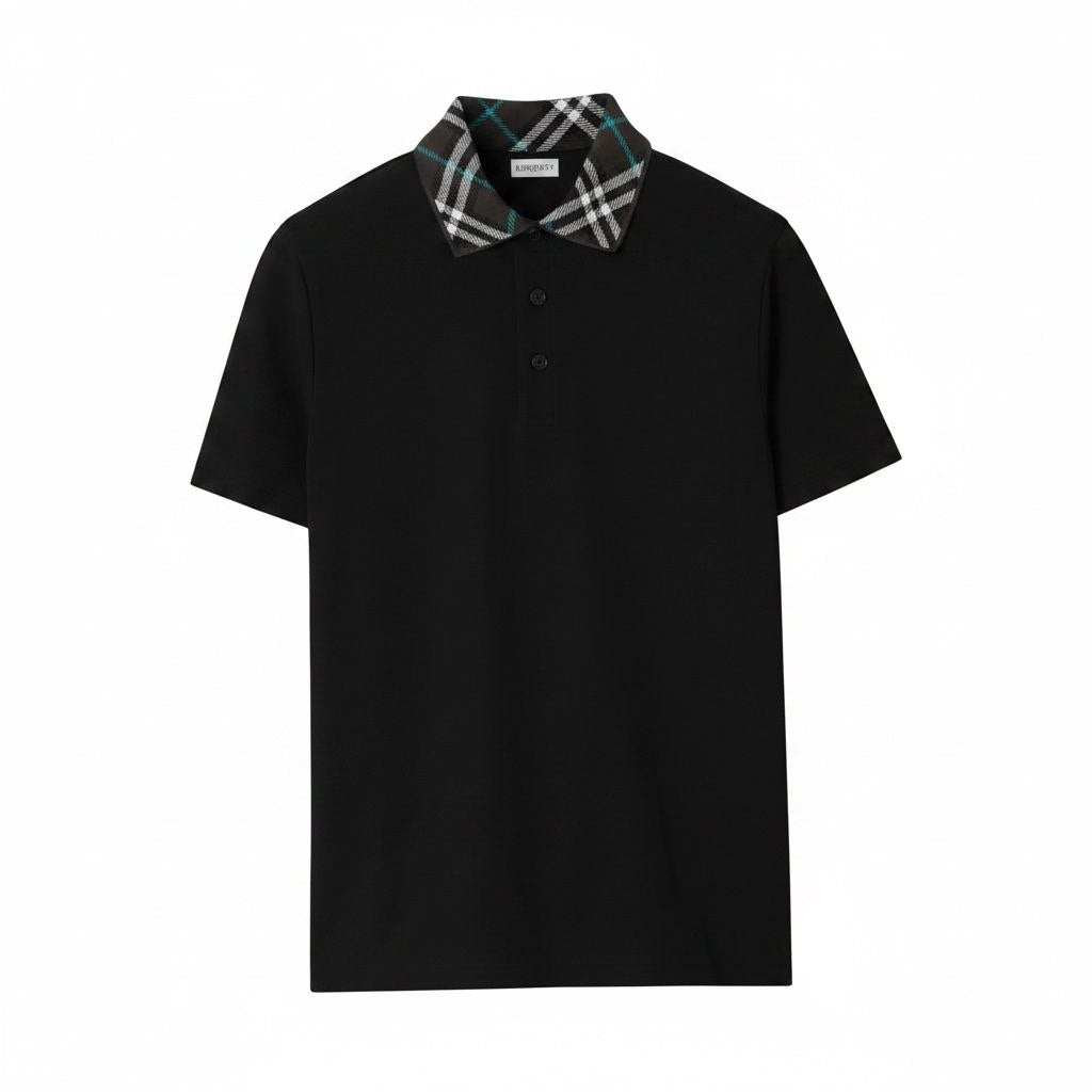 Close-up of the Burberry check pattern on a black pique polo shirt collar.