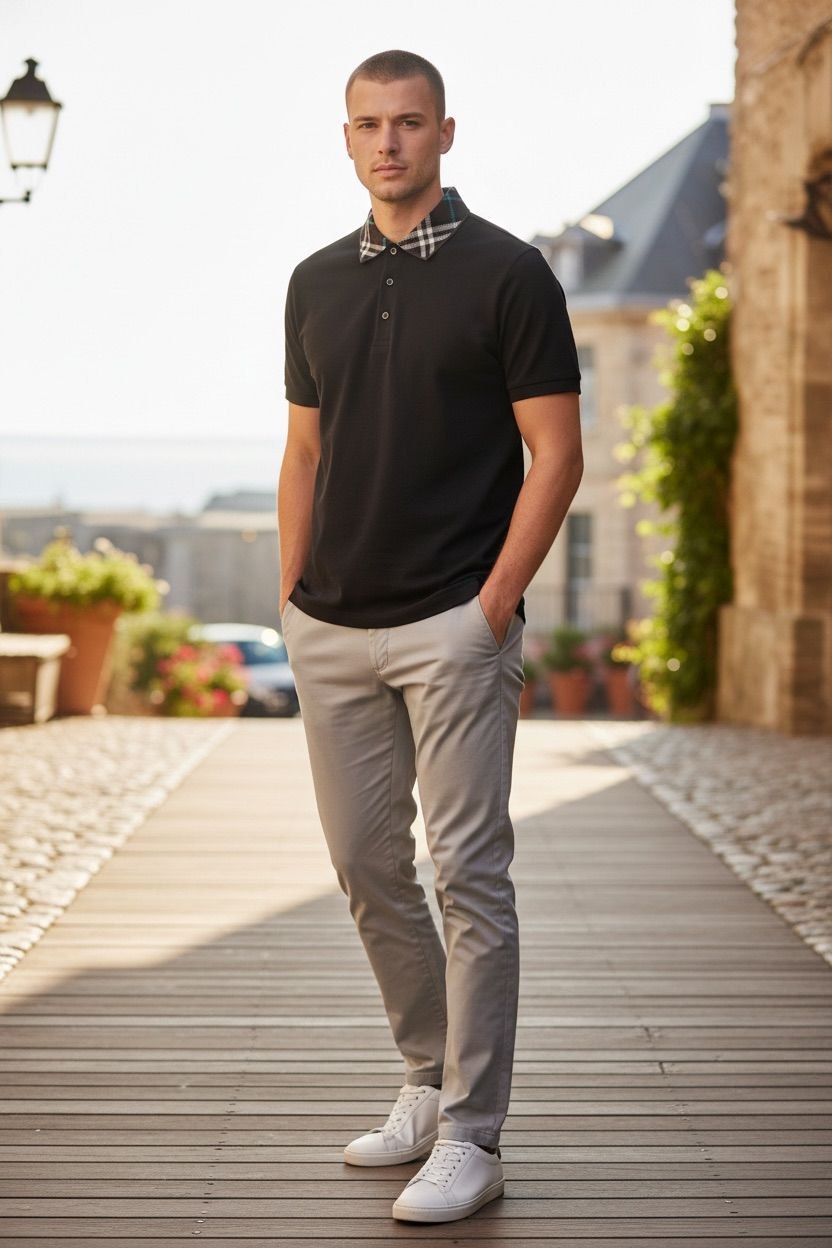 Burberry Black Polo Shirt with Check Collar