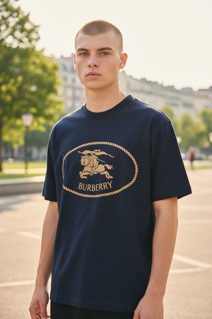 Close-up of the gold Burberry Equestrian Knight Design (EKD) logo on a navy t-shirt.