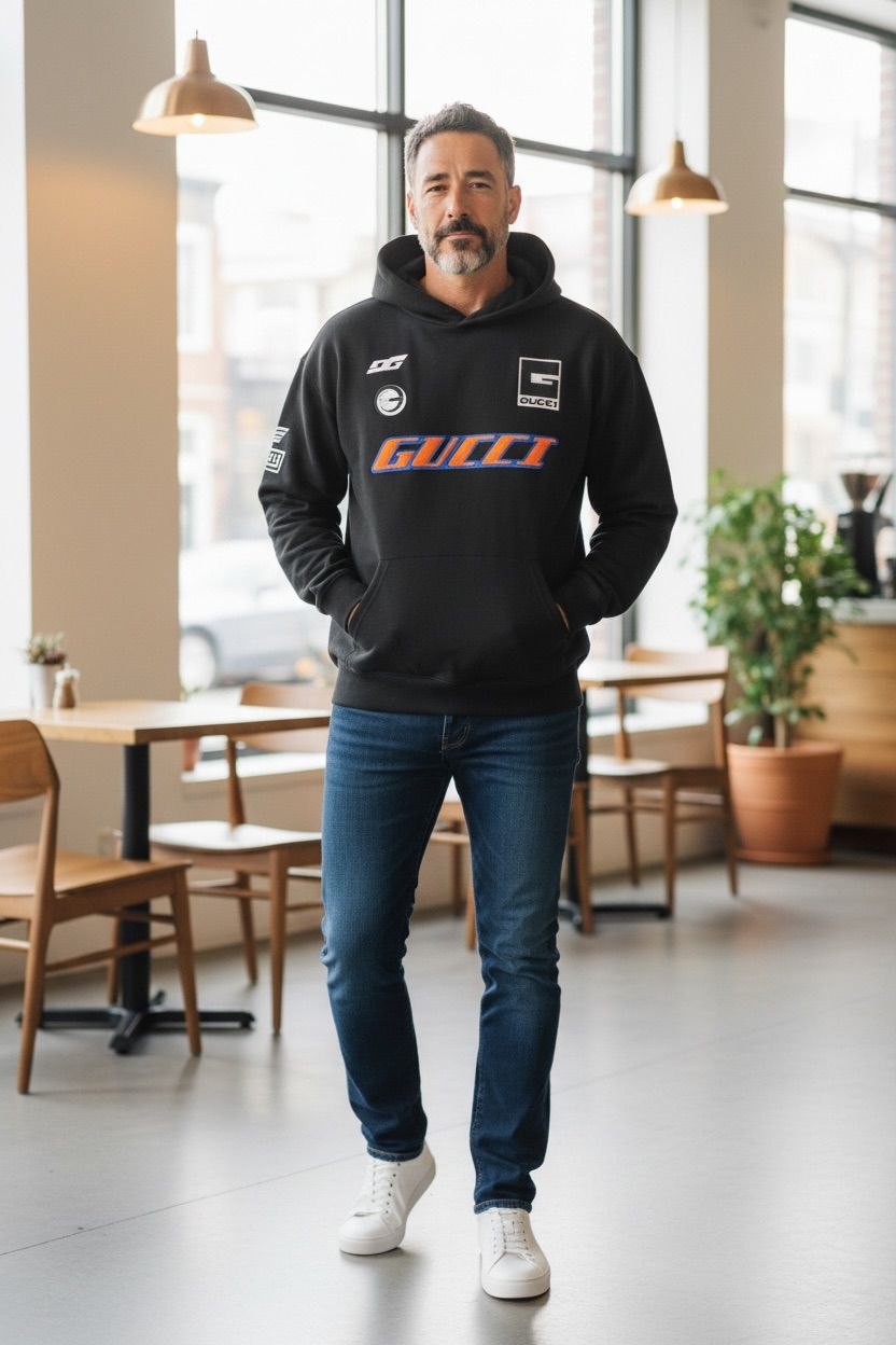 Detailed view of the multi-color racing patches on a black Gucci hoodie.