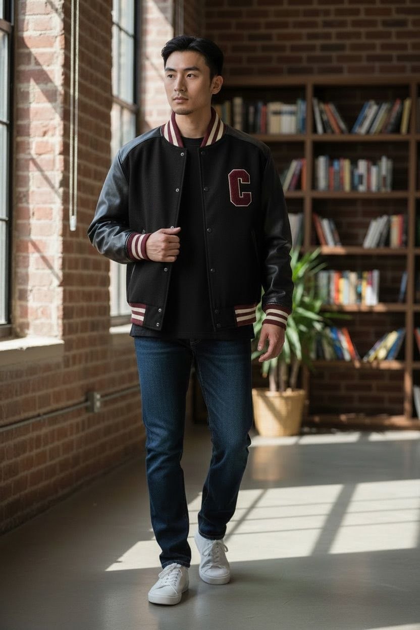 Celine black wool and leather Teddy varsity jacket with red and white striped trim.