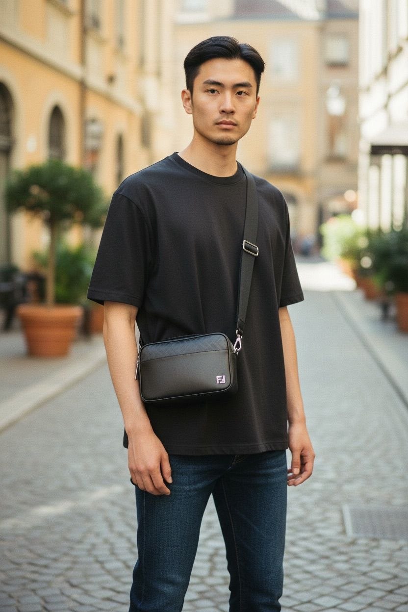 Model wearing Fendi black leather camera bag with FF motif panel.