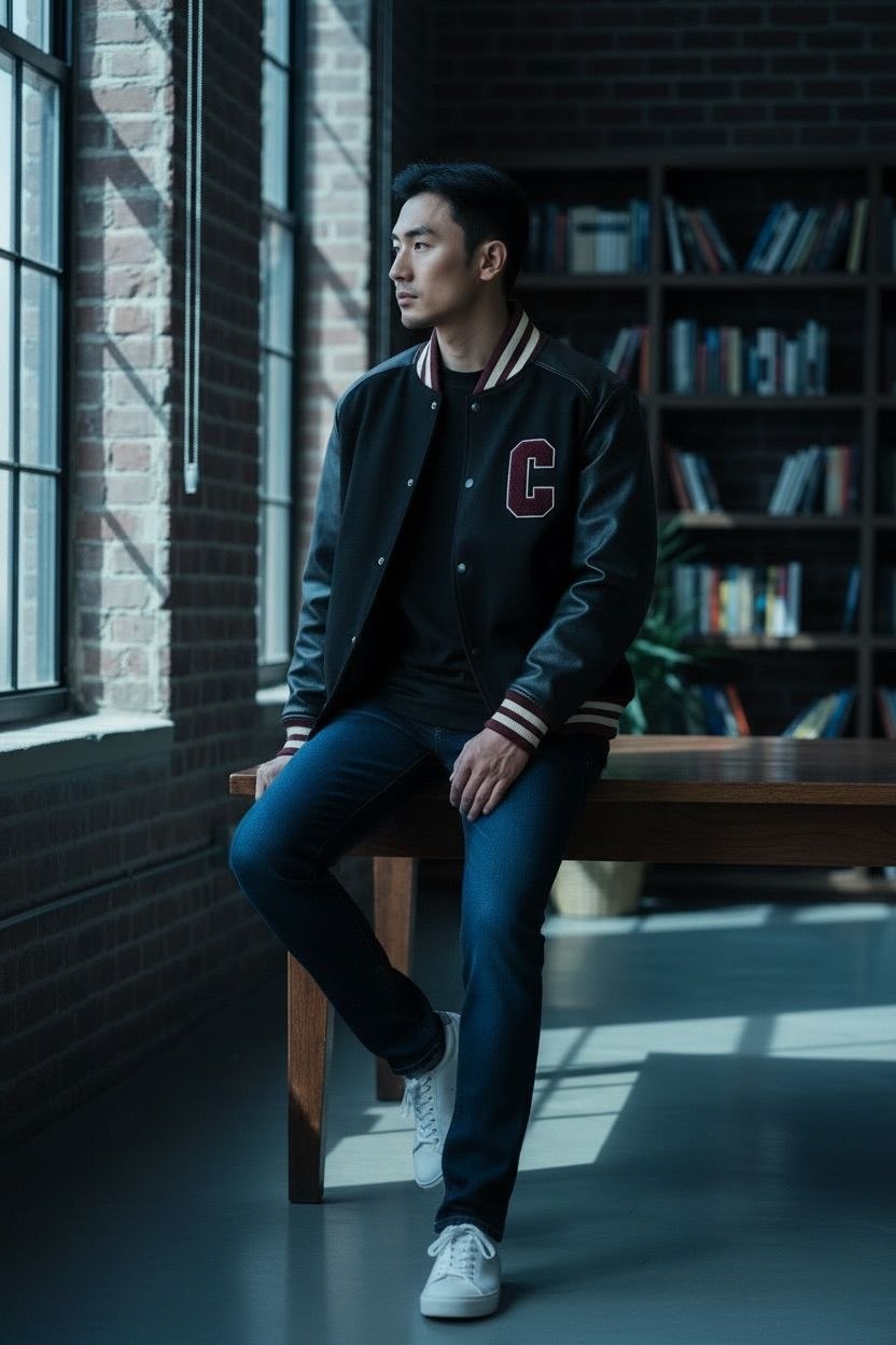 Celine black wool and leather Teddy varsity jacket with red and white striped trim.