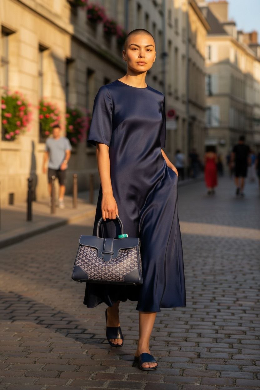 Model wearing navy blue silk dress carrying a Goyard Saïgon bag with a wooden handle.