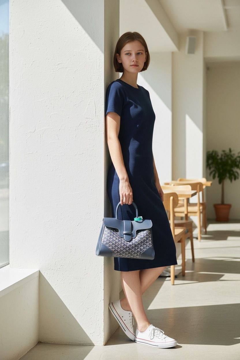 Model wearing navy blue silk dress carrying a Goyard Saïgon bag with a wooden handle.