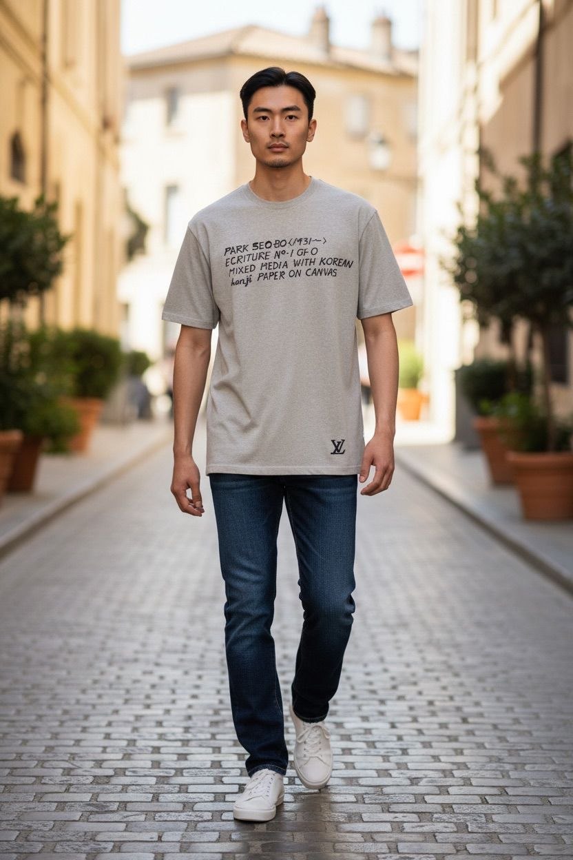 Louis Vuitton x Park Seo-Bo beige t-shirt with black museum text graphic.