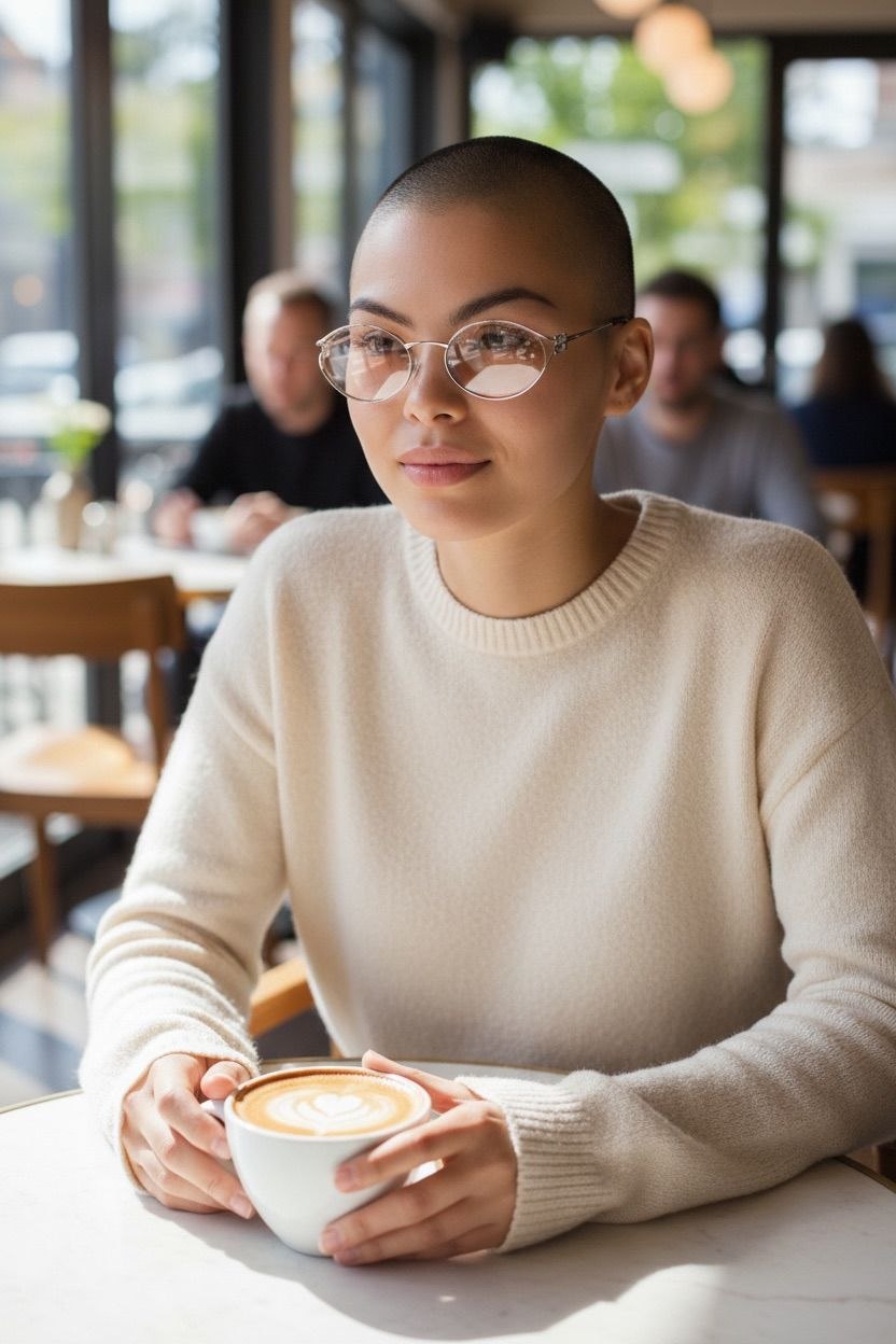 Model sitting in a cafe wearing Miu Miu MU 52YS silver oval metal sunglasses.