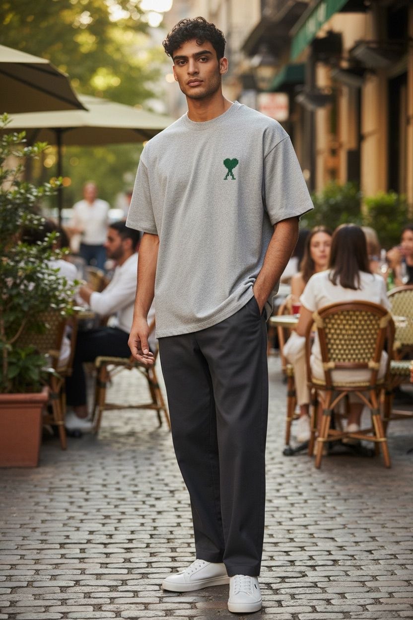 Model wearing an oversized grey AMI Paris t-shirt with a green heart logo at a Parisian cafe.