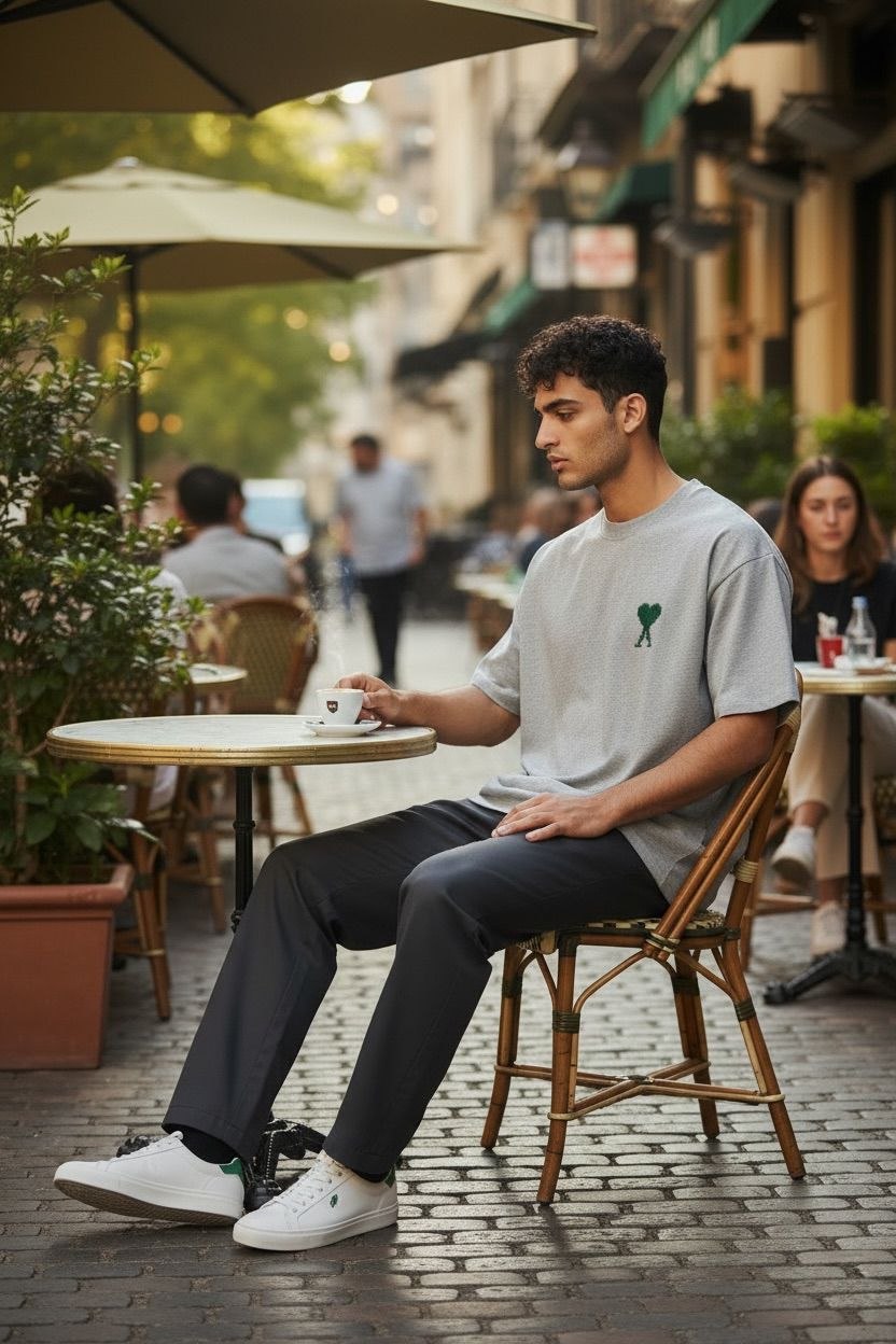 Model wearing an oversized grey AMI Paris t-shirt with a green heart logo at a Parisian cafe.