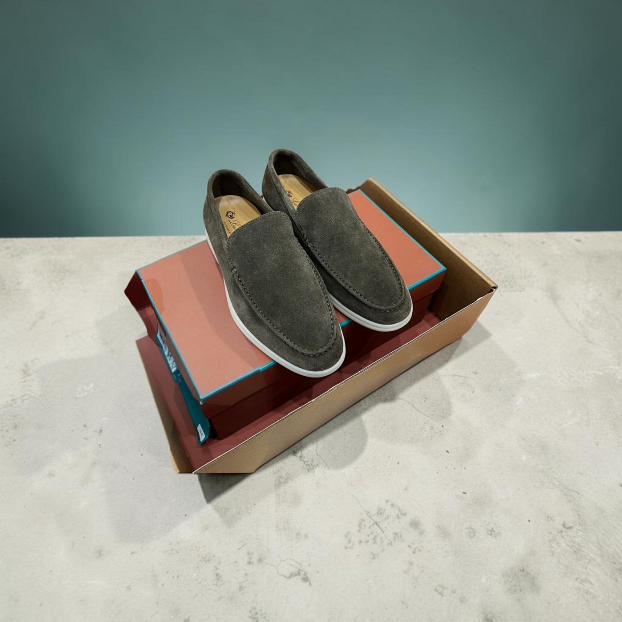 Loro Piana Summer Walk loafers in dark grey suede on original box.