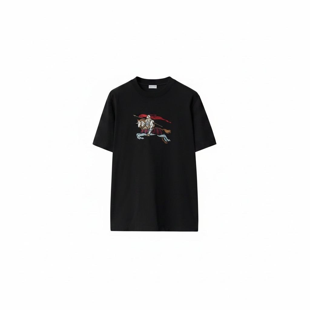 Model wearing a black Burberry EKD t-shirt with Equestrian Knight embroidery.