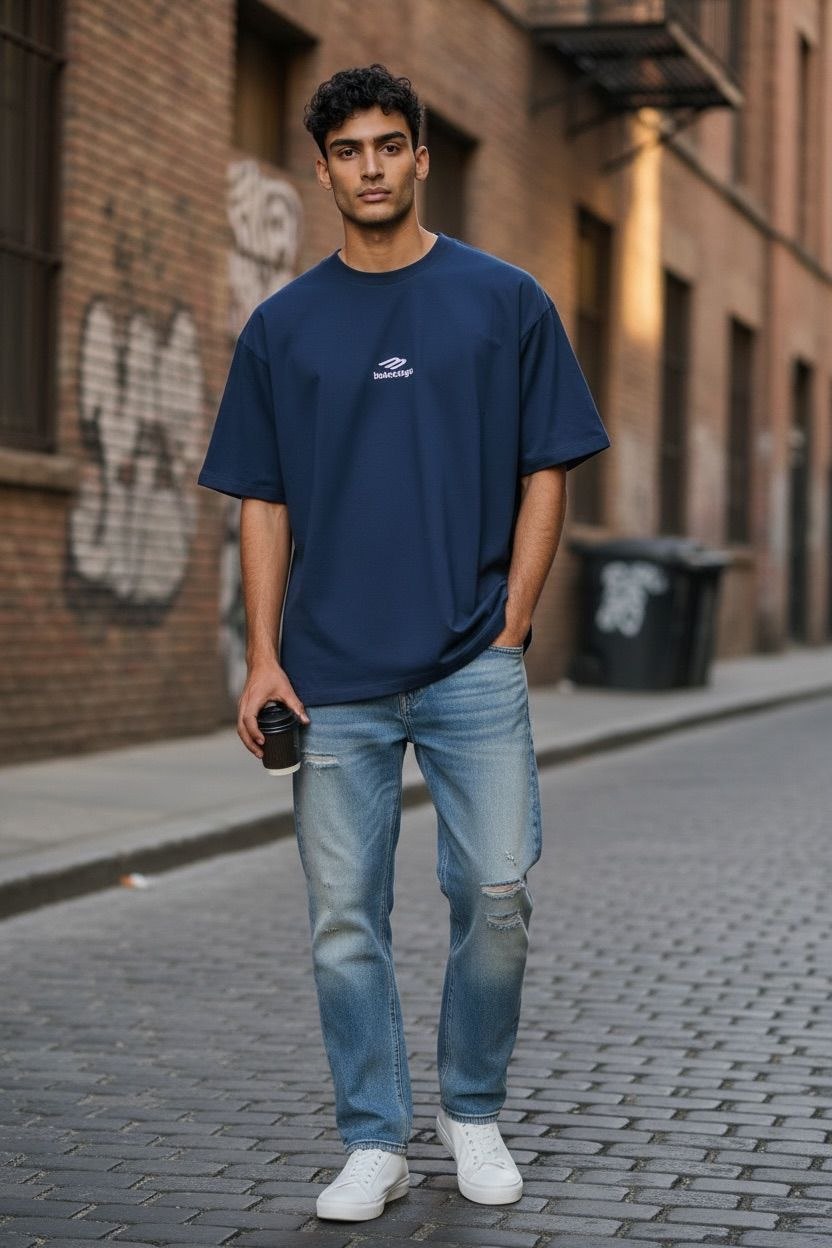 model men wearing Front view of navy blue Balenciaga 3B Sports Icon oversized t-shirt with white embroidered logo on chest.