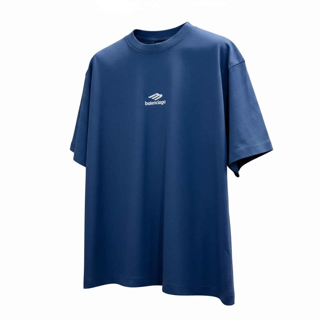 Front view of navy blue Balenciaga 3B Sports Icon oversized t-shirt with white embroidered logo on chest.