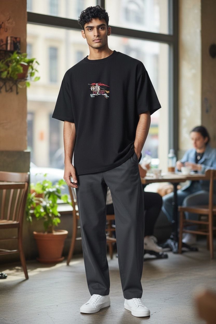 Model wearing a black Burberry EKD t-shirt with Equestrian Knight embroidery.