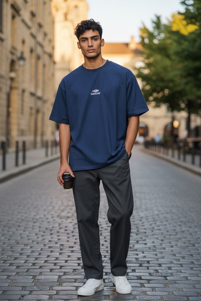 MODEL wearing Front view of navy blue Balenciaga 3B Sports Icon oversized t-shirt with white embroidered logo on chest.
