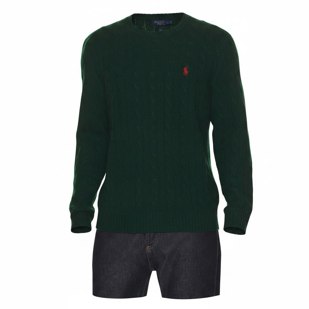 Model leaning on a brick wall wearing a green Polo Ralph Lauren cable knit sweater.