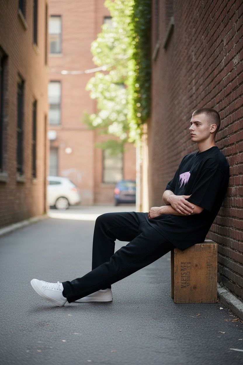 Model wearing an oversized black Balenciaga t-shirt with a glossy pink wet brush logo.
