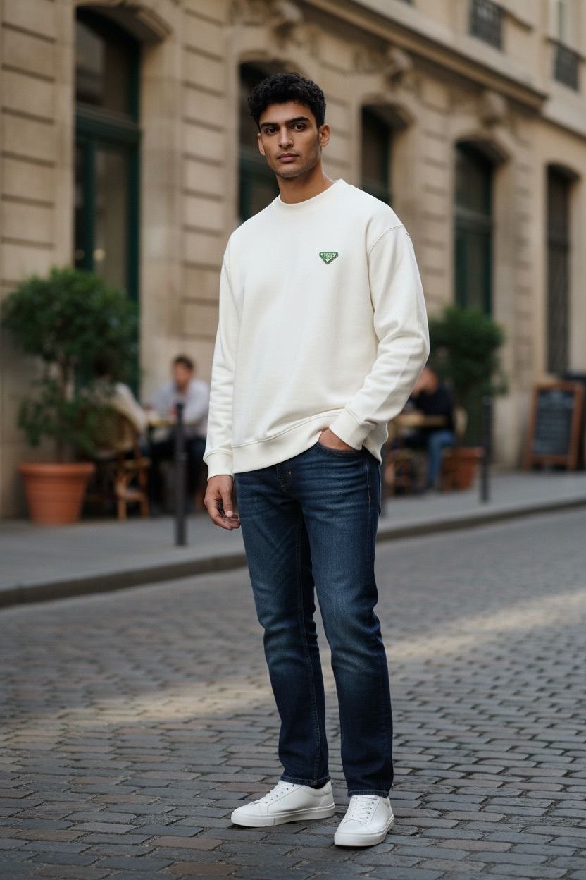 Model wearing a cream Prada crewneck sweatshirt with a green triangle logo on a European street.