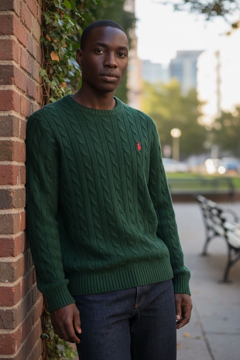 Model leaning on a brick wall wearing a green Polo Ralph Lauren cable knit sweater.