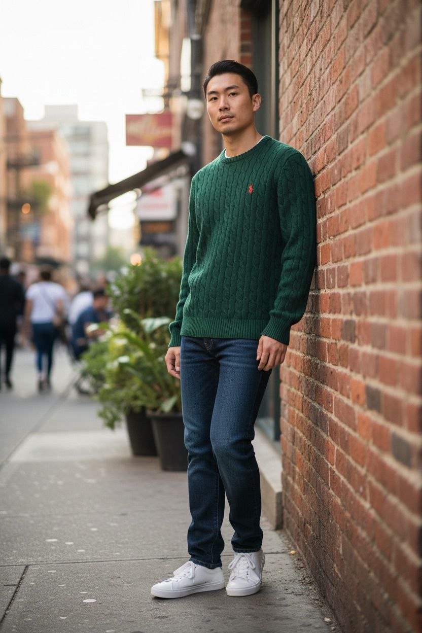 Model leaning on a brick wall wearing a green Polo Ralph Lauren cable knit sweater.