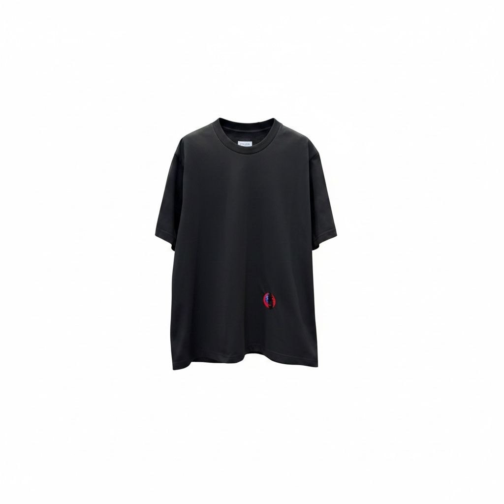 Black Bottega Veneta t-shirt with small red and blue abstract face embroidery.