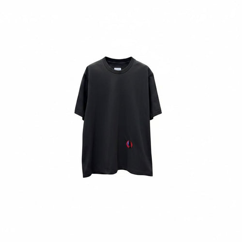 Black Bottega Veneta t-shirt with small red and blue abstract face embroidery.