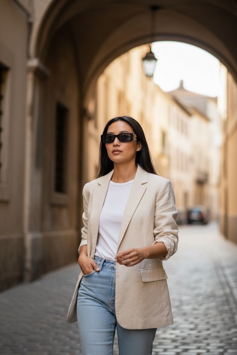 Model wearing black Balenciaga Dynasty rectangle sunglasses with gold BB logos on a city street.