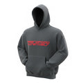Model wearing a grey Fear of God Essentials cable fleece hoodie with bold red lettering.