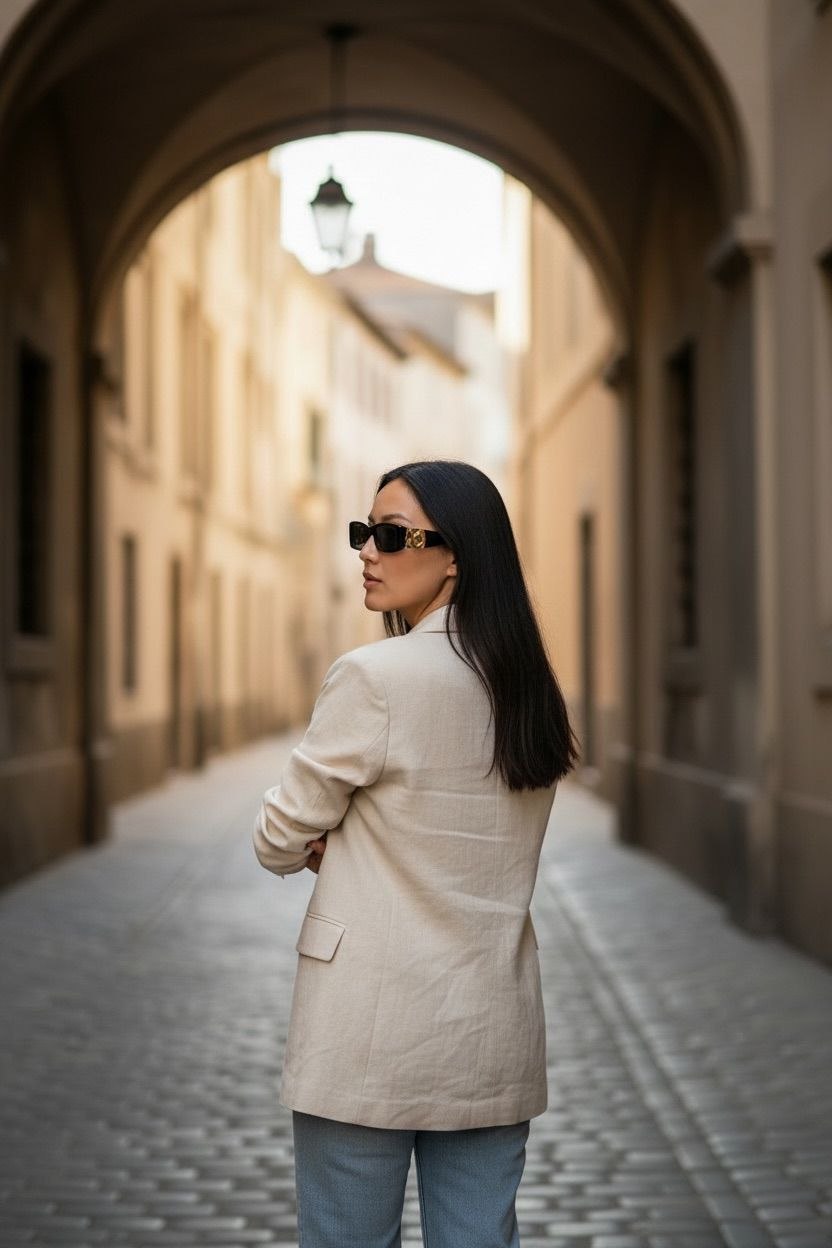 Model wearing black Balenciaga Dynasty rectangle sunglasses with gold BB logos on a city street.