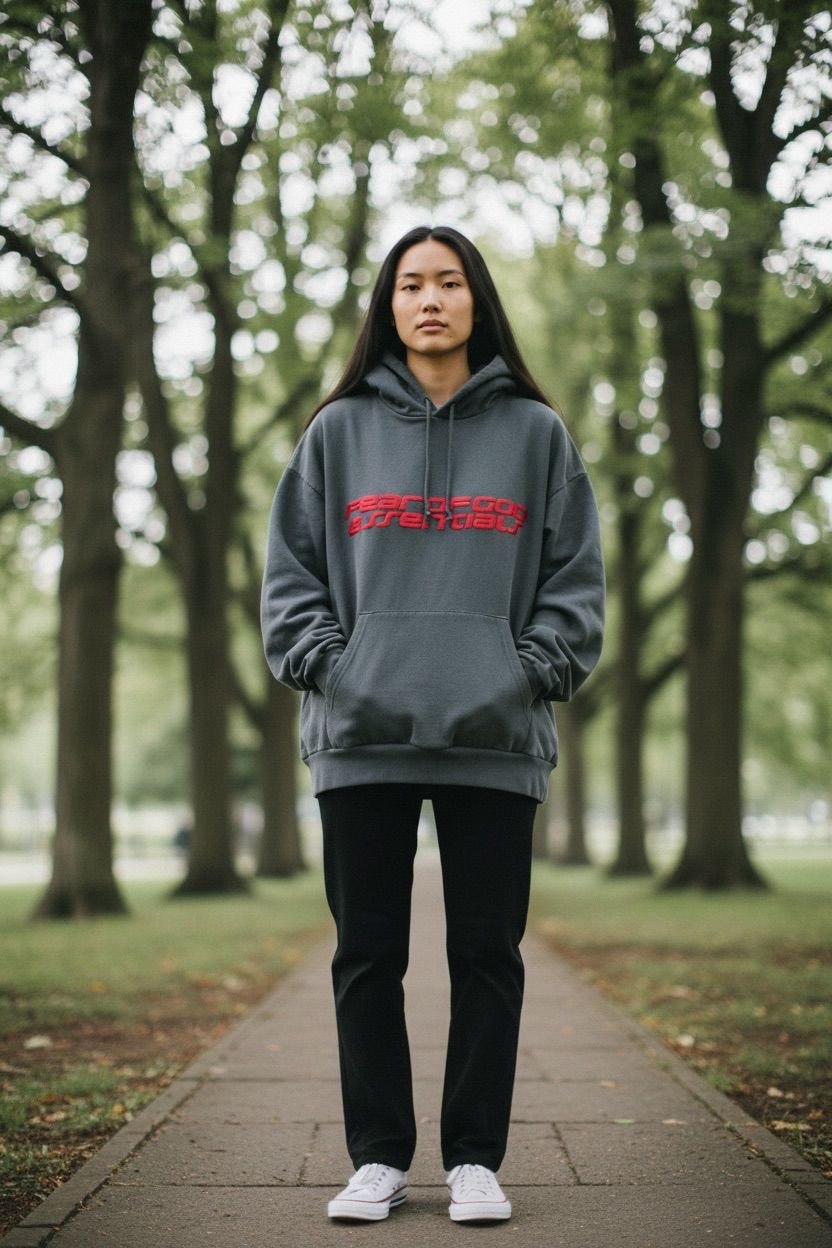 Model wearing a grey Fear of God Essentials cable fleece hoodie with bold red lettering.