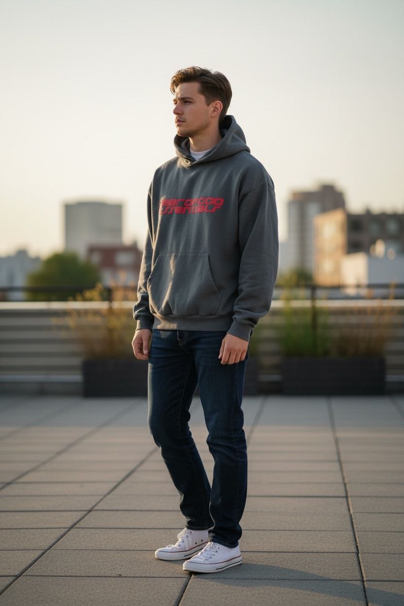 Model wearing a grey Fear of God Essentials cable fleece hoodie with bold red lettering.
