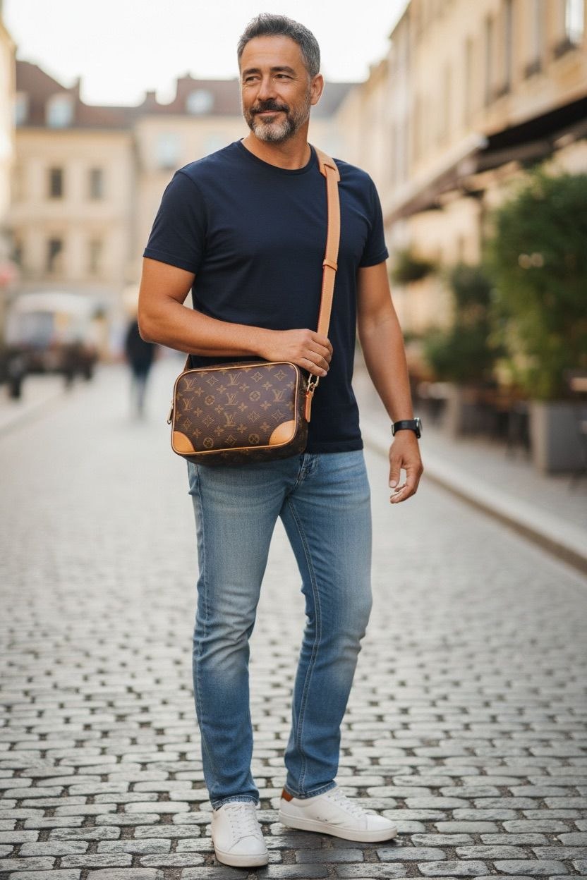 Model wearing a navy shirt carrying a Louis Vuitton Nil messenger bag on a cobblestone street.