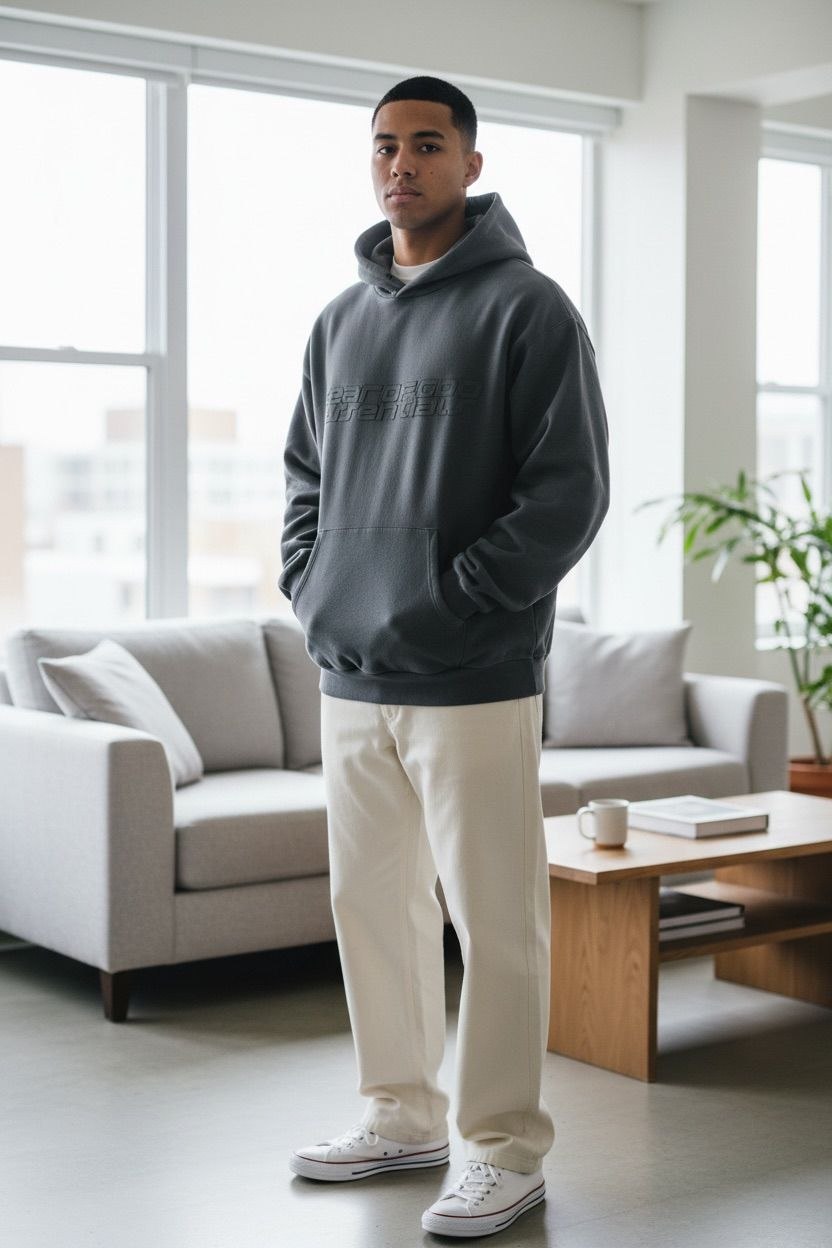 Model wearing an oversized dark grey Fear of God Essentials 90s hoodie.