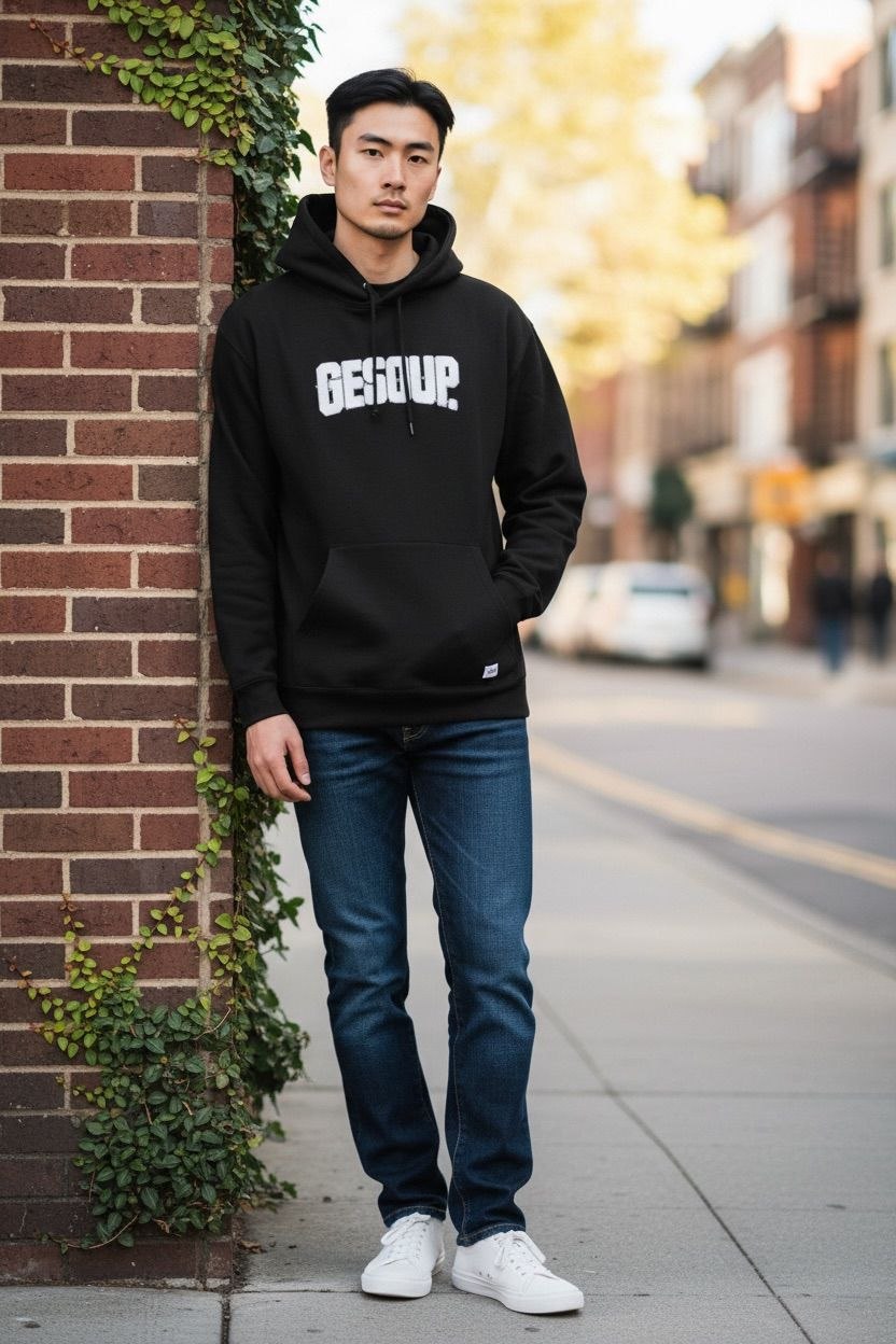 Model wearing an oversized black Geedup Play For Keeps hoodie on a city street.