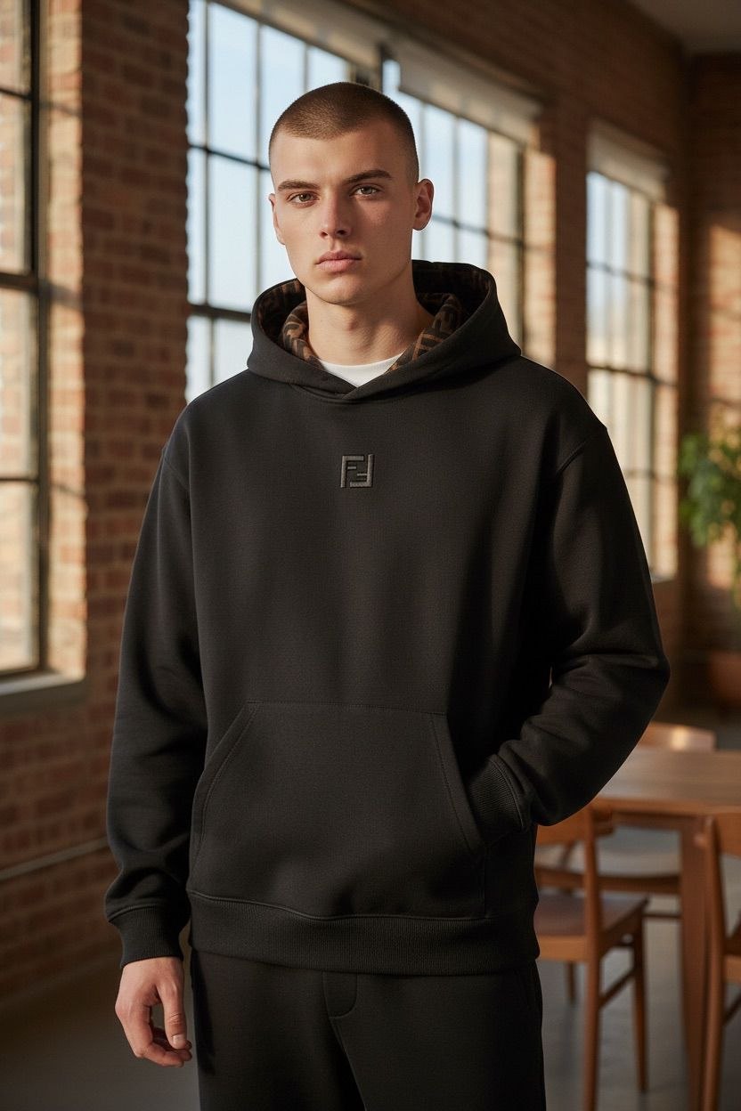 Model wearing a black Fendi hoodie featuring the brown FF monogram inside the hood.