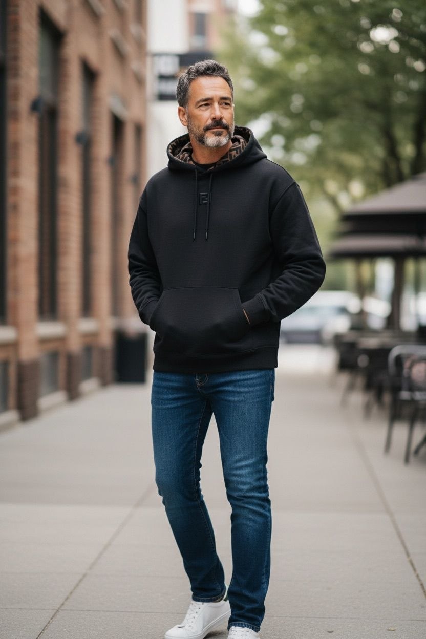 Model wearing a black Fendi hoodie featuring the brown FF monogram inside the hood.