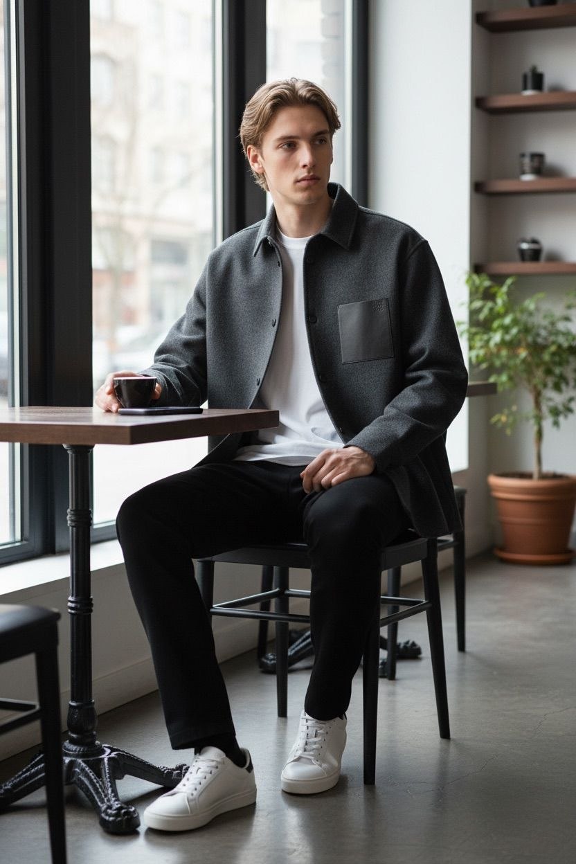 Detailed view of the LOEWE debossed Anagram on a black leather pocket against charcoal wool."