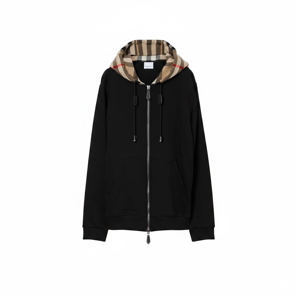 Front view of a black Burberry zip-up hoodie with the iconic tan archive check pattern lining the interior of the hood.