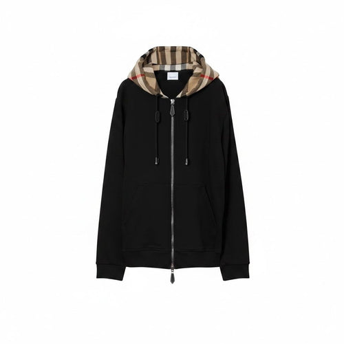 Front view of a black Burberry zip-up hoodie with the iconic tan archive check pattern lining the interior of the hood.