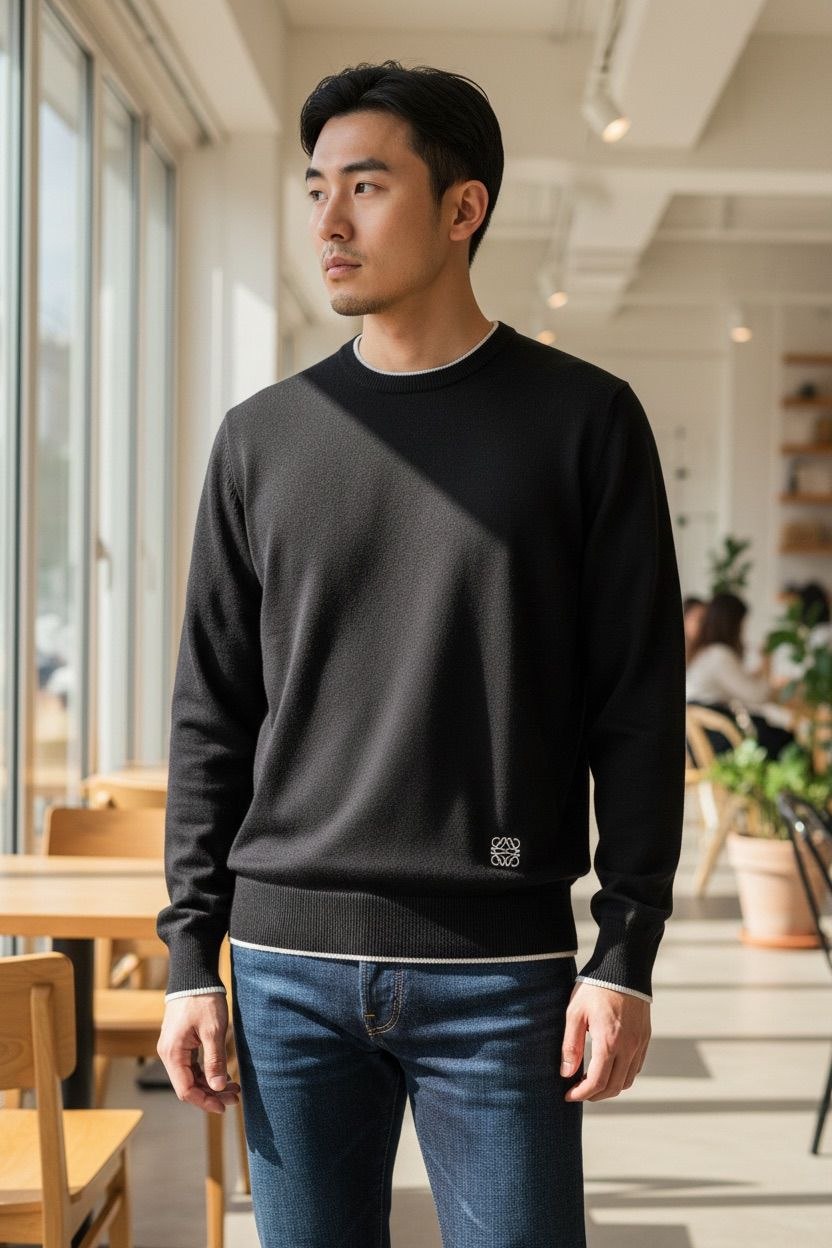 Model wearing a black Loewe wool sweater with a white Anagram logo in a bright, modern cafe"