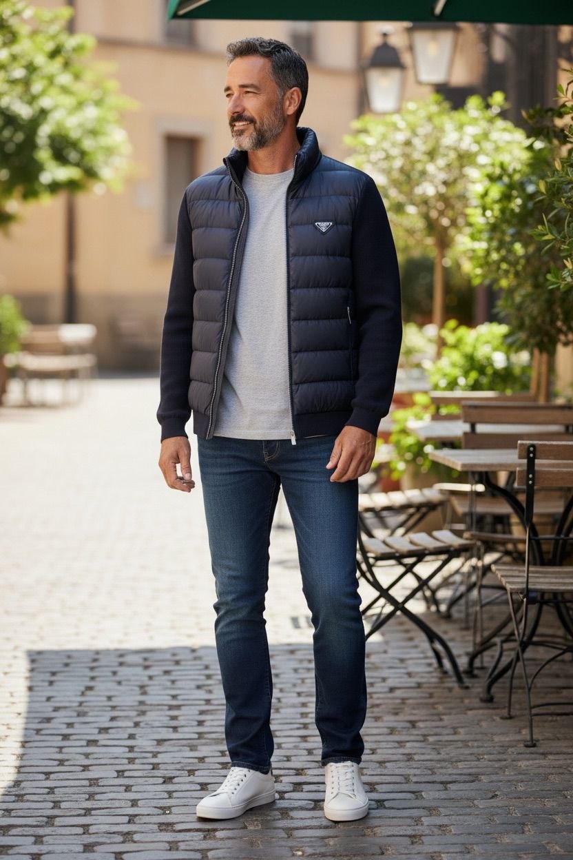 Model wearing a black Prada hybrid jacket with a padded front and wool sleeves in an outdoor cafe setting.
