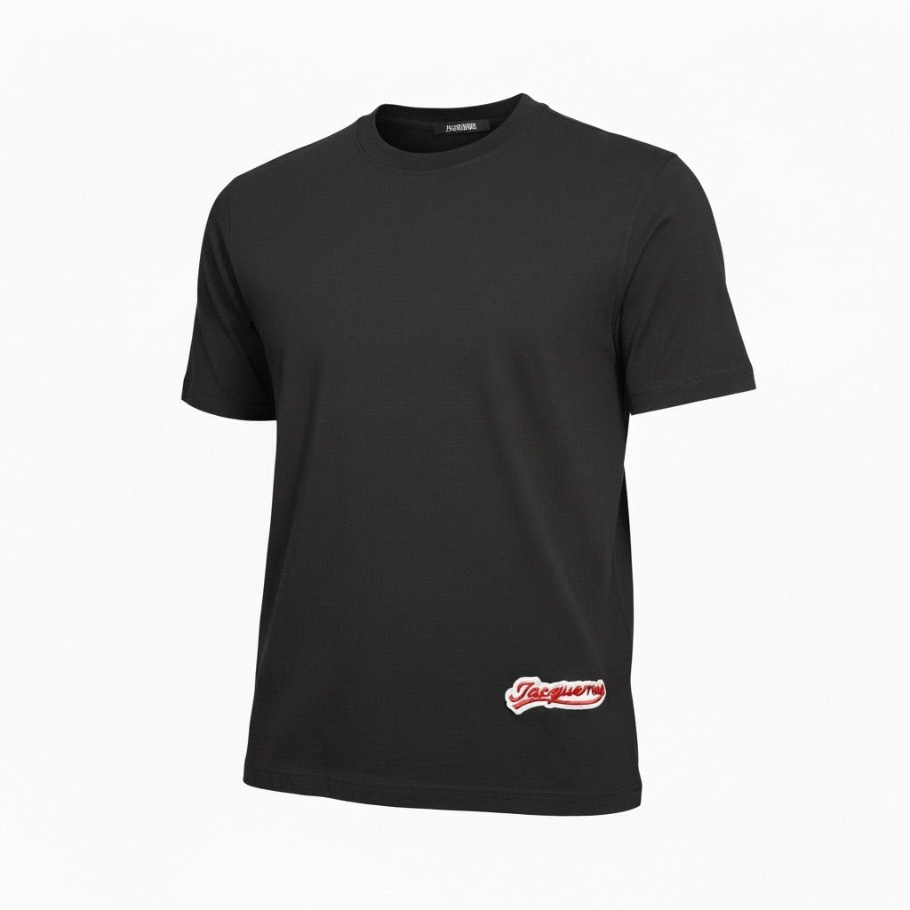 Front view of a black Jacquemus Le T-shirt Jacques featuring a red and white script logo at the hem