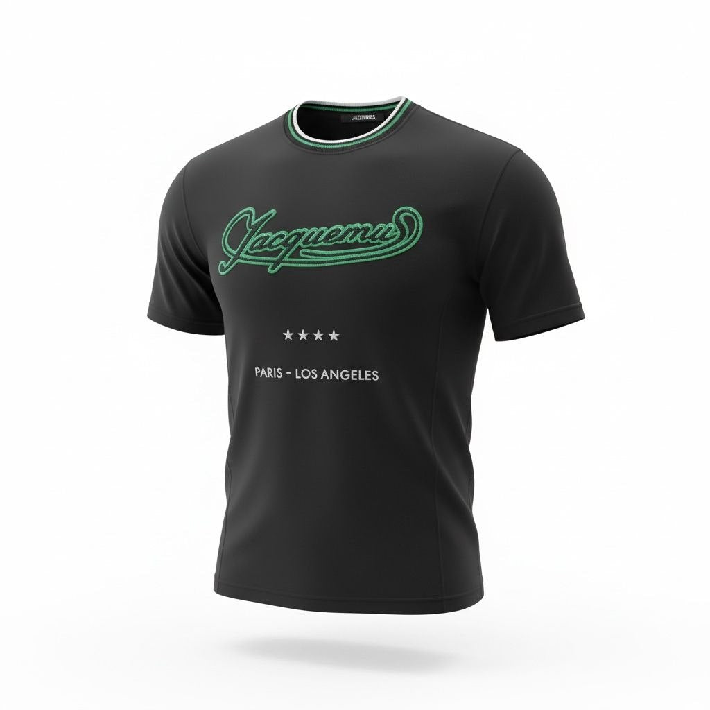 Front view of a black Jacquemus Torneo t-shirt with a green script logo, four stars, and 'Paris - Los Angeles' text.